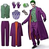 IEEILULU Joker Kostüm Herren, Horror Clown Kostüm Herren Halloween Killer Joker Outfit Herren Set mit Lila Mantel, Grüne Weste, Hose, Krawatte, Falschem Hemdkragen und Handschuhen für Halloween (L)