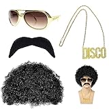 70er Jahre Bekleidung Herren,80er Jahre Outfit Herren,Hippie Kostüm Herren,Hippie Kostüm,Afro Perücke,Geeignet Für Cosplay, Halloween, Kostümfeste Usw (4 Stücke)