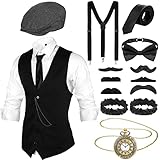 Blulu 1920er Herren Gatsby Kostüm Zubehör Set 1920er Männer Kostüm Gangster Kostüm Zubehör Weste Zeitungsjunge Hut Taschenuhr Fliege (M)