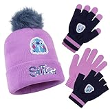 Disney Stitch Mädchen Winter Accessoires, Kinder Mütze, Handschuhe, Schal - Wähle aus Sets, Geschenke für Kinder (Lila Stitch 2-Teilig)