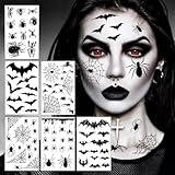 6 Blatt Gesichtstattoo Karneval, große Größe Spinnen Fledermaus Tattoo Gesicht, Erwachsene Kinder Halloween Fasching Tattoo Hexen Zubehör für Karnevalsschminke Halloween Masquerade