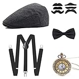 Wagoog 1920s Gatsby Herren Accessoires, 20er Jahre Herren Mafia Kostüm Set mit Panama Gangster Hut, Verstellbar Elastisch Hosenträger, Herren Halsschleife Fliege und Vintage Taschenuhr