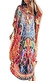 L-Peach Damen Schnelltrocknend Stickerei Kaftan Maxi Langes Kleid Strandkleid Bikini Cover Ups