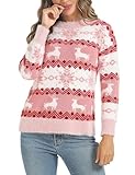 Marvmys Weihnachtspullover Damen Winter Fun Strickpullover Rundhals Weihnachtspullis mit Rentiermuster und Schneemann Muster Gestrickte Pullover Langarm Sweatshirt für Frauen Rosa-Hirsch L