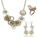 HOWAF 3 Stück Steampunk Accessoires Damen, Steampunk Zahnräder Halskette Damen Ohrringe Ring Gothic Steampunk Schmuck Set für Frauen Mädchen Punk Steampunk Kostüm Zubehör