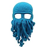 YEKEYI Lustige Ritterhelm Beanie mit Bart Mütze Handgemachte Strickmütze Winter Dicke Kappe Octopus Hut Halloween Cosplay Skimaske, lblue, Einheitsgröße