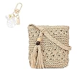 YSDYY 1 Damen-Einschulter-Strohtasche, Sommer-All-Match-Strand-Umhängetasche, beige hohle Freizeittasche mit Fransen, 1 Strandmuschel-Accessoire, zarter Anhänger mit Metallverschluss
