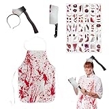 OUMDON Metzger Kostüm Halloween: Blutig Schlächter Kostüm Set mit Blutige Schürze Messer im Kopf Haarreif blutiges Messer und Aufkleber für Halloween Karneval Kostüm Party