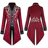 Odizli Mittelalter Kleidung Herren Frack Jacke Smoking Steampunk Mantel Gothic Männer Captain Jack Sparrow Kostüm Halloween Karneval Faschingskostüme Viktorianisches Renaissance Vikings Gehrock Rot M