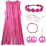 KitChocoLot Hippie Damen Weste Kostüm Set, 7Pc, 60er 70er Jahre Outfit Damen, Hippie Kleidung Damen, Fransenweste Damen Für Karneval, Vintage Rosa