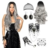 Karneval Perücke Grau Damen, 70cm Perücke Frauen Kostüm Halloween, Grau Perücken Lange mit Gotisch Halskette Armbänder und Aufkleber, Grey Wig Lang Haar Gelockt für Halloween Karneval Kostüm Party
