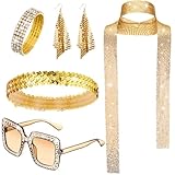 NebulaGlam 70er Jahre Disco Zubehör Disco Accessoires Kostüm Glitzer Pailletten Stulpen, Disco Sonnenbrille Ohrringe Armband und Stirnband, 70er 80er Jahre Outfit Damen für Fasching Karneval (Gold)