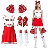 GUBOOM Cheerleader Kostüm Damen für Erwachsene, Cheerleaderkostüm Damen mit Cheerleader Pompoms, Haargummi, Socken, High School Cheerleader Kostüm für Verkleidung Cosplay Karneval Mottoparty (Rot, L)