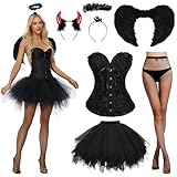JONRRYIN Schwarz Engel Kostüm, Engel und Teufel Flügel Kostüm, engelsflügel kostüm damen mit Damen Schnürkorsett Top, Tüllrock, Heiligenschein und Teufel Hörner für Halloween Karneval (Schwarz, S)