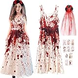Halloween Kleidung mit Blutigem Aufdruck,Zombie Braut Kostüm Damen Outfit mit Blumenkranz,Kostüm Damen Zombie Horror,Gruselig Blutige Zombie Braut Kostüm,Zombie Kostüm Damen für Halloween Karneval
