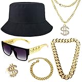 Gionforsy Hip Hop Kostüm Zubehör Set Kit 6 Stück mit Bucket Hut Sonnenbrille Goldkette Armband Ring, 80er 90er Jahre Rapper Accessoires Set für Mottoparty Halloween Karneval Fasching (Schwarz)