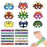 AOMIG Dinosaurier Masken, 9 Stück Dino Filz Masken, Cosplay Kindermasken mit 12 Stück Schnapparmbänder für Mädchen Jungen, Partymasken zum Halloween Kindergeburtstag Karneval