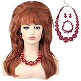 Lange Lockige Wavy Auburn Kupfer Rot Damen Perücke Big Bouffant Bienenstock Perücken mit Halskette Ohrringe Armband Dekoration für Karneval Halloween Cosplay Party