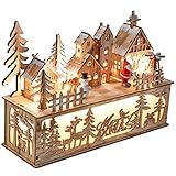 VALERY MADELYN Holz LED Haus Lichterbogen Lichtersockel Schwibbogen mit Podest 20cm Batteriebetrieb Beleuchtete Weihnachtsdeko Weihnachtsdorf Lichterhaus Fensterdeko Wald Thema MEHRWEG Verpackung