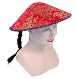 Bristol Novelty BH441 Chinesischer Coolie-Hut Stoff mit Zopf, Unisex Adult, Rot, Schwarz, Einheitsgröße
