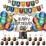 Mumjooyi Harry Geburtstag Party Dekorationen Magischer Wizard Party Deco Set Magische Zauberer Geburtstagsdeko mit Großer Hintergrund Stoff Geburtstag Banner Potter Ballons Kuchen Deko