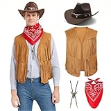 Firecos Cowboy Kostüm Herren Western Cowboy Cosplay Fransenweste mit Hut Halstuch Vintage-Halskette für Karneval Hippie Kostüm Set für Erwachsene (Khaki, XL)