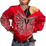 YINGKE Damen Zip Up Oversized Hoodie Große Spinnennetz Print Muster Y2K Hoodie Gothic Punk Jacke Sweatshirt(XL,Rot)