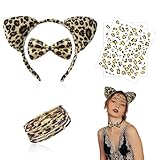 XNIVUIS 5 Stück Leoparden Kostüm Set,Leopard Gesicht Kunst Aufkleber Ohren Haarreif Fliege Armband,Leoparden Ohren für Kinder für Dschungelparty Kostüm Party Dekoration Zubehör(5 Stück)