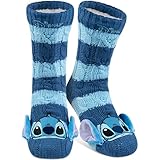 Disney Lilo & Stitch Hüttensocken - Strick Haussocken mit Ohren und Sherpa Futter für Damen Kuschelsocken Flauschige Wintersocken warme Frauen Socken OneSize Blau