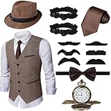 Ulikey 20er Jahre Herren Accessoires, 1920er Mafia Kostüm Herren Set, 1920er Herren Kostüm Zubehör mit Westen & Verschiedenen Accessoires für Halloween, Karneval Kostüm (Braun, M)