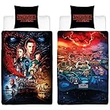 Stranger Things Bettwäsche Hawkins 135 cm x 200 cm + 80 cm x 80 cm 100% Baumwolle Renforcé-Linon-Qualität Eleven Dustin Hopper Mike Demogorgon Monster Creels deutsche Größe mit Reißverschluss