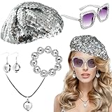 5 Stück Discokugel Kostüm Damen Set,70er 80er Jahre Glitzer Kostüm Damen Hippie Outfit Disco Accessories für Fasching Party Karneval Kostüm Disco Ohrringe & Discohalsband & Sonnenbrille & Baskenmütze