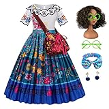 Eleasica Mädchen Encanto Kostüm Mirabel Prinzessin Kleid Kinder Weihnachten Fest Fasching Karneval Verkleidung mit Zubehöre Stirnband Perücke Brille Ohrring，Blau,120