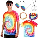 Hippie Kostüm Herren, 5 Stück 60er 70er Jahre Bekleidung Männer Batik Shirt mit Stirnband Peace Zeichen Halskette Sonnenbrille Armband Disco Outfit Hippie Accessoires Karneval Fasching Kostüm