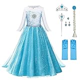 URAQT Kostüm Kinder Mädchen, 6-teiliges Set Kinder Prinzessin Kleid mit Krone Diadem Handschuhe Zauberstab usw für Weihnachten Karneval Halloween Rollenspiel(110)