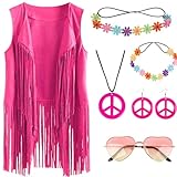 Hippie Kostüm Damen Weste Set- Retro Boho Hippie Kleidung Accessoires Damen Rosa Hippie Weste 60er 70er Jahre Bekleidung Damen Disco Outfit Cowgirl Faschingskostüme Hippie Fransenweste Frau Karneval