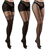 SATINIOR 3 Paar Damen Netzstrumpfhosen mit Hoher Taille Gemusterte Blickdichte Fischnetz Strumpfhosen, Schwarz (Klassischer Stil)