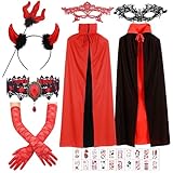 Teufel Kostüm Damen, Halloween Vampir Umhang Set, Halloween Kostüm Damen Teufel, Wendbar Schwarz Rot, Vampir Kostüm Junge Mädchen, Halloween Kostüm Damen für Mottoparty Cosplay,Karneval,Halloween (A)