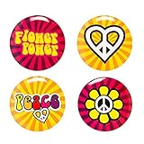 Boland 44508 - Buttons Hippie mit Anstecknadel, 4 Stück, Durchmesser 3 cm, Anstecker, Peace, Flower Power, Mitgebsel, Accessoire, Mottoparty, Karneval