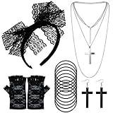 HOWAF 80er Jahre Outfit Damen 80er Jahre Accessoires Schwarz 80er Jahre Kostüm Zubehör Set mit Stirnband Handschuhe Halskette Armband Ohrringe für 80er Jahre Kleidung Karneval Fasching Mottoparty