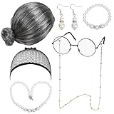 LOPOTIN 7TLG Oma Perücke Kostüm Accessoire Set Oma Brille mit Perlen Armband Perlenkette Cosplay Zubehör Granny Kostümzubehör Großmutter Verkleidung für Fasching Karneval Halloween Damen Mädchen