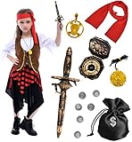 Tacobear Piratenkostüm Kinder Mädchen mit Piraten Zubehör Halloween Kostüm Kinder Mädchen Piraten Kleid Stirnband Kompass Geldbeutel Ohrring Pirat Karneval Fasching Kostüm für Kinder Mädchen