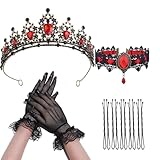 Herzkönigin Kostüm Damen, Kristall Krone Damen für Frauen mit Halskette und Tiara, Vintage Stirnband Glänzend Prinzessin Haarschmuck für Halloween, Weihnachten, Hochzeit und Braut Kostüm