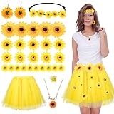 Sonnenblumen Kostüm Damen, 25 Stück Künstliche Sonnenblumen, Gelb Tüllrock, Sonnenblumen Haarschmuck, Sonnenblumen Ohrringe, Halsketten, Blumen Kostüm Damen für Karneval Halloween Fasching Mottoparty