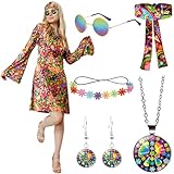 Sealilac Hippie Kostüm Damen, Hippie Kleid, 60er 70er Jahre Bekleidung Damen mit Hippie Brille Haarband Blumengirlande Halskette Ohrringe, Geeignet für Halloween, Karneval (M)