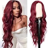 PORSMEER Perücke weinrot Lang locken Gewellt Natürliche Synthetische Haar Wig Perücken für Frauen/Mädchen alltagstauglich Cosplay Kostüm Fasching Party,Dunkel Rot