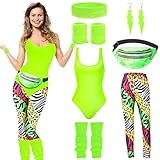 80er Jahre Outfit Damen,Damen 80er Jahre Workout Kostüm,80er Jahre Accessoires,mit Bauchtasche,Stirnband, Beinwärmer,90er Jahre Outfit Damen,für Karneval und Halloween Partie,Mottoparty,Fasching