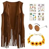 70er Fransenweste Damen 4 Stück Damen Disco Outfit Hippie Kostüm Damen Set Hippie Weste Brille Aufkleber Sonnenblumenkrone Faschingskostüm für Karneval Welttag des Buches Mottopartys L