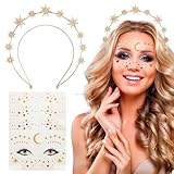 BOFUNX Haarreif mit Stern Strass Haarband doppelschichtig Glitzer Stirnband + 2pcs Sterne Mond Gesicht Sticker Metallic Gesicht Tattoos für Fasching Karneval Musikfestival Party