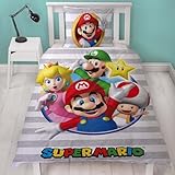 Kinder Wende Bettwäsche Set Super Mario Grau · Jungenbettwäsche 135x200 80x80 cm aus 100% Baumwolle mit Reißverschluss · Porträt Motiv mit Mario Luigi Peach Toad und Star